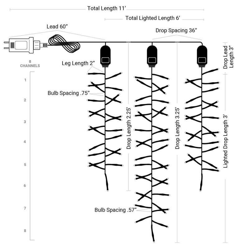 128L LED Meteor Shower Light Cluster, 3-Drop, 8-Channel
